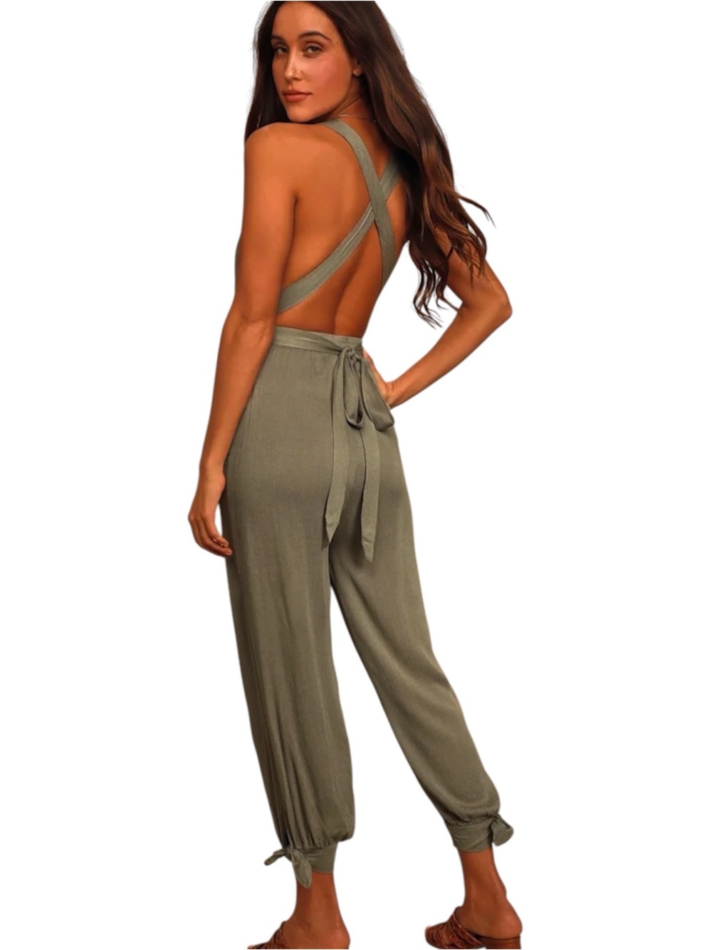 Lulus Lolinda Washed Olive Green Convertible Halter Jumpsuit 100% cotton Small